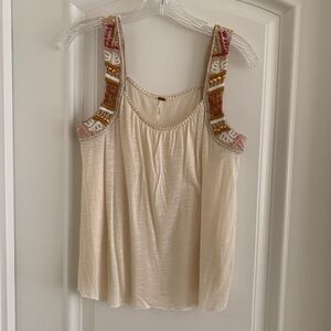 Free People Cream Tank Top with Embroidered Straps